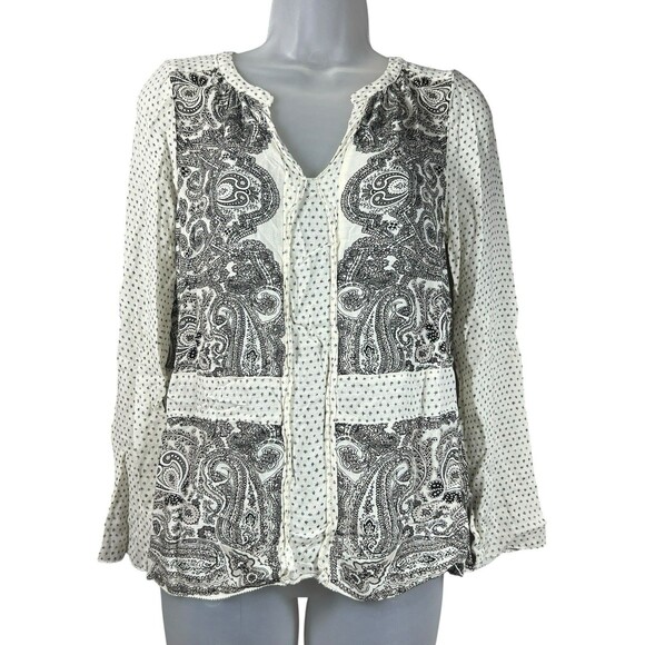 Lucky Brand Boho Peasant Top Small Black White Paisley Print Long Sleeve - Picture 1 of 9